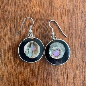 Vintage Alpaca Mexico Inlay Abalone Onyx Disk Dangle Drop Earrings